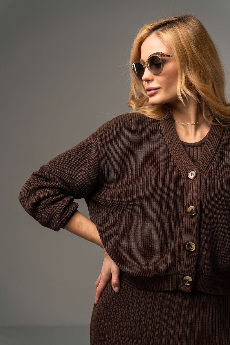 Brown Short Buttons up cardigan Womens rib knit V neck comfy sweater Brown