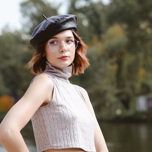 Black faux leather beret hat French beret with fleece Leather beret