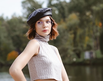 Black faux leather beret hat French beret with fleece Leather beret