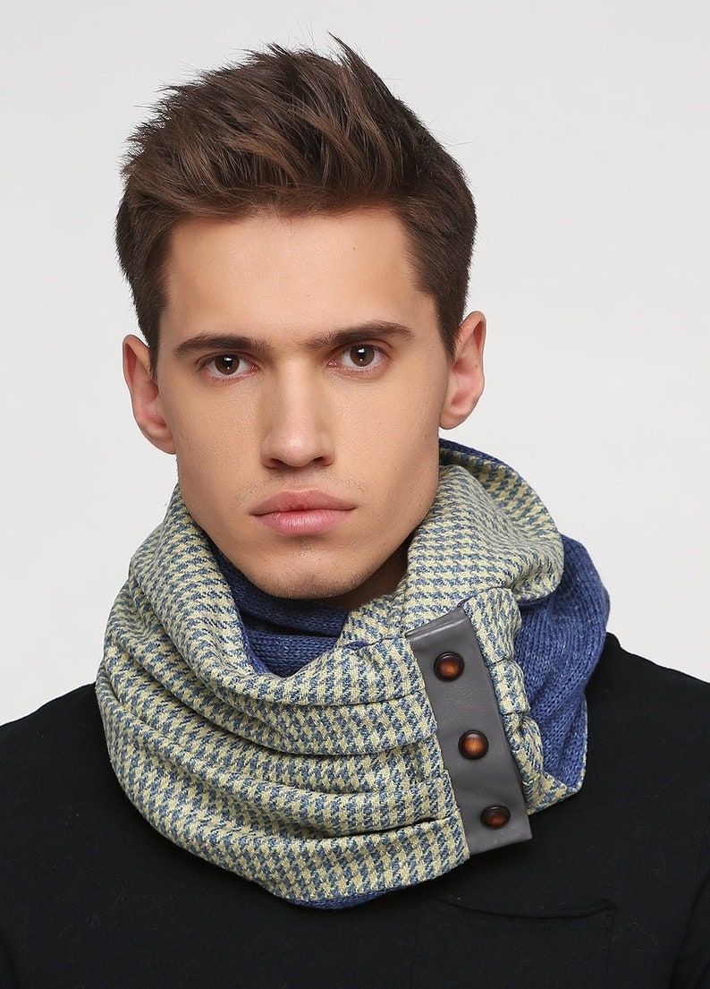Mens Blue Scarf Wool Houndstooth Scarf Infinity Scarf With Etsy