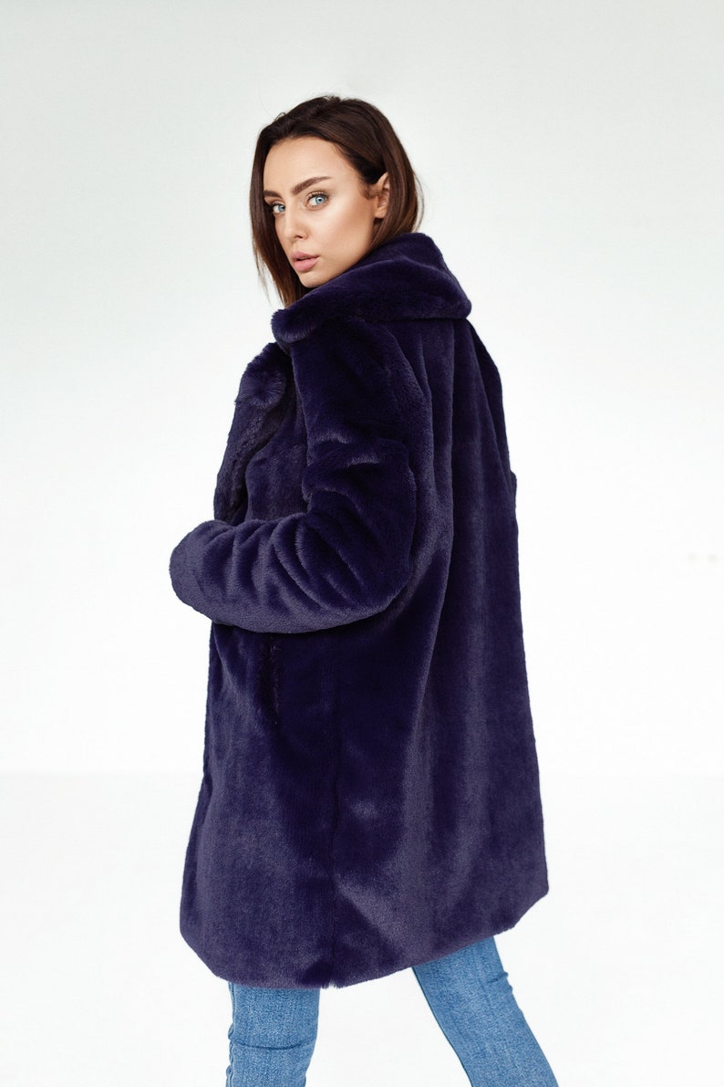 Navy Blue Faux Fur Coat With a Classic Collar - Etsy