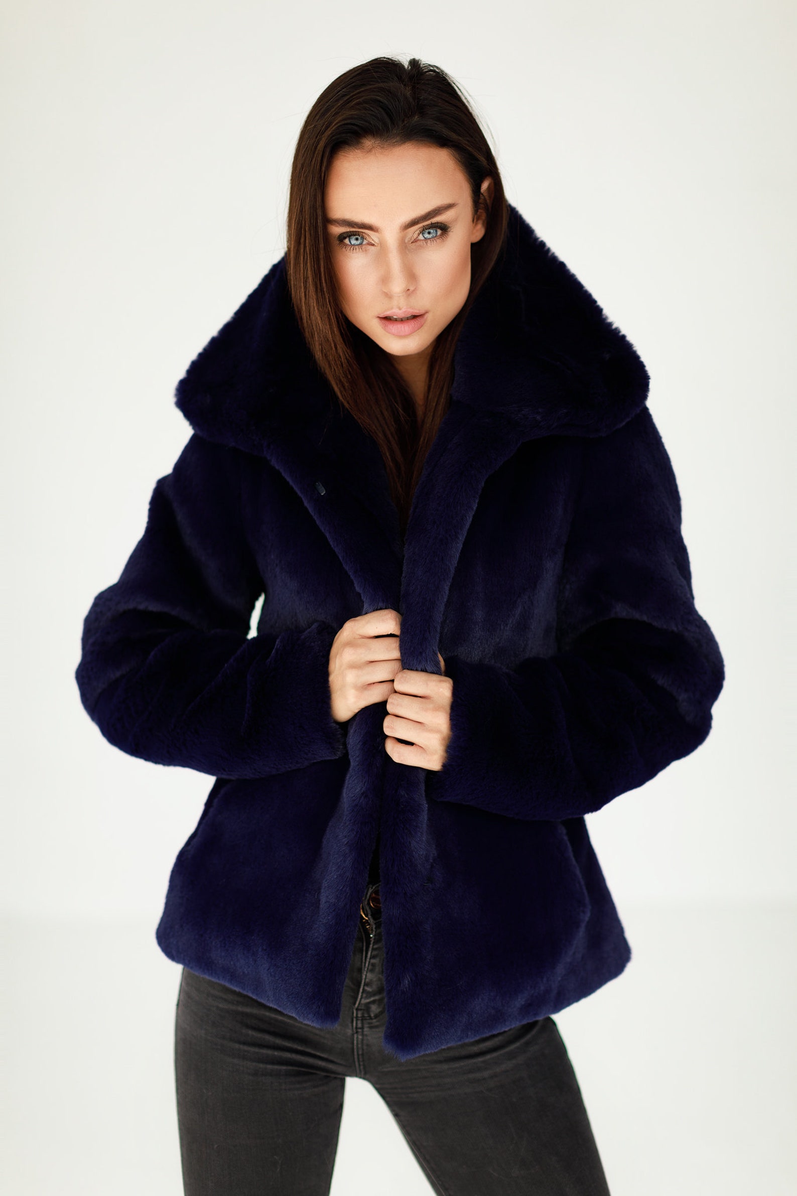 Navy Blue Short Faux Fur Fluffy Jacket With A Rounded Collar Etsy