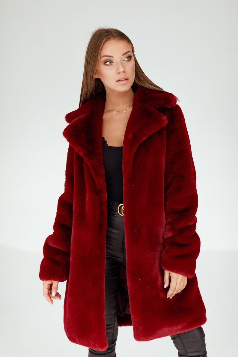 Faux Fur Coat Women Burgundy Classic Collar Unique Gift Gifts | Etsy