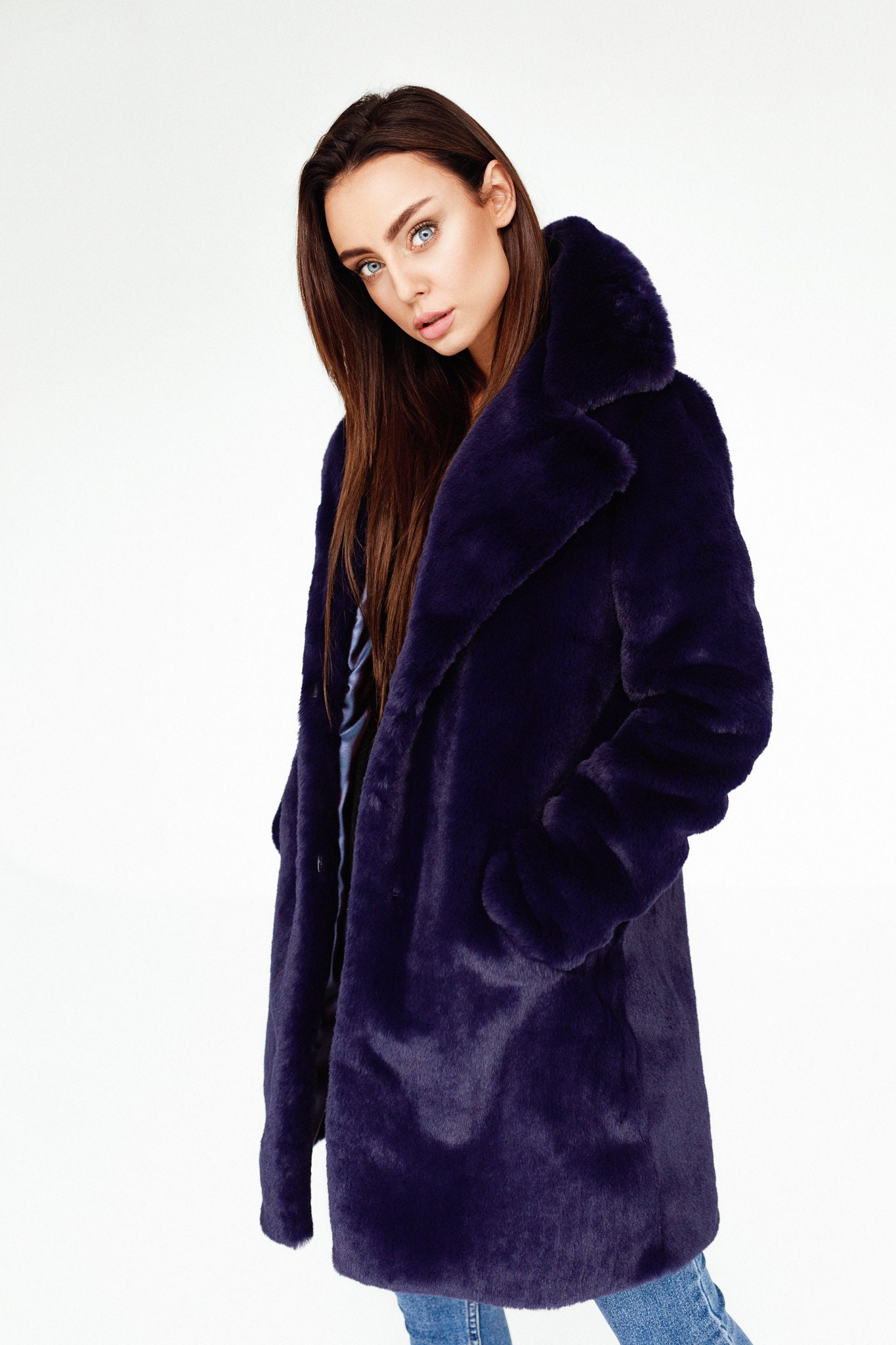 Navy Blue Faux Fur Coat With a Classic Collar - Etsy