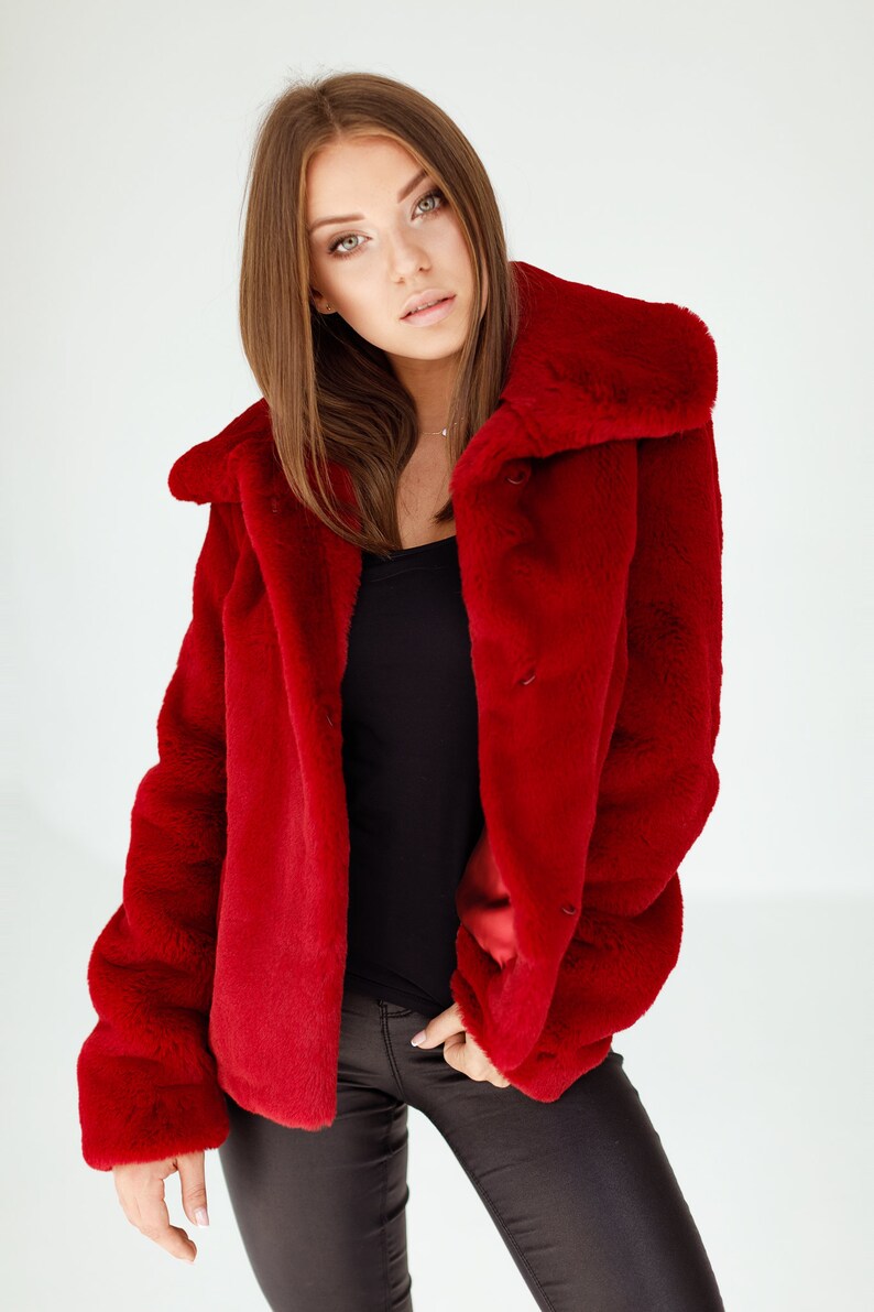Red Short Faux Fur Fluffy Jacket with a Rounded Collar Etsy