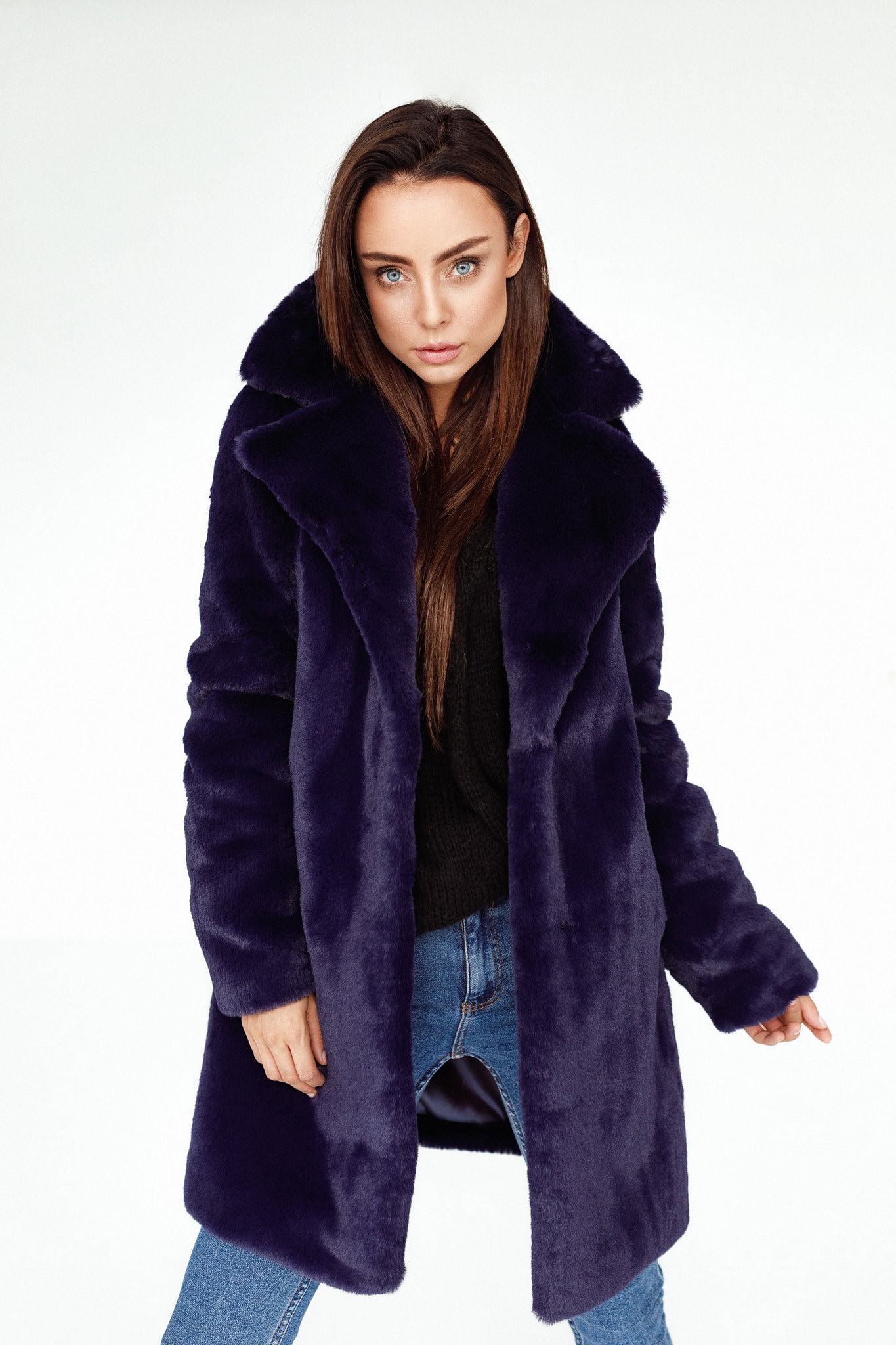 Navy Blue Faux Fur Coat With a Classic Collar - Etsy