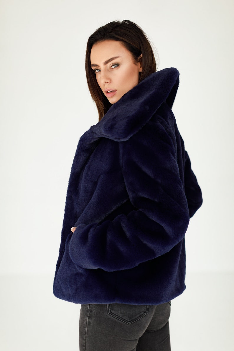 Navy Blue Short Faux Fur Fluffy Jacket with a Rounded Collar Etsy