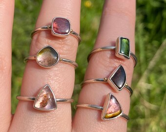 Tourmaline, Sterling Silver and 18ct Gold Rings with Granulation Detailing