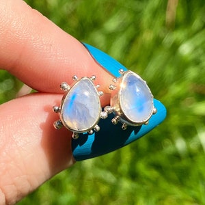 Rainbow Moonstone and Sterling Silver Stud Earrings with Granulation Detail