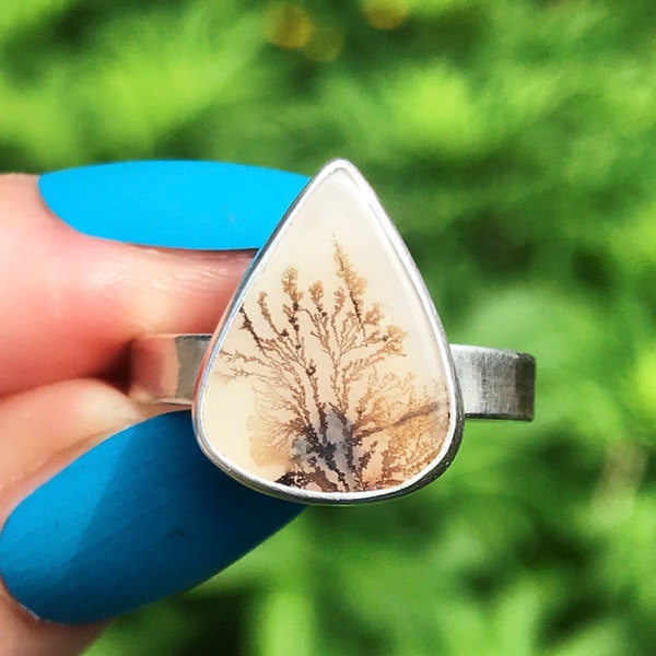 Dendritic Agate and Sterling Silver Ring - UK Size O 1/2