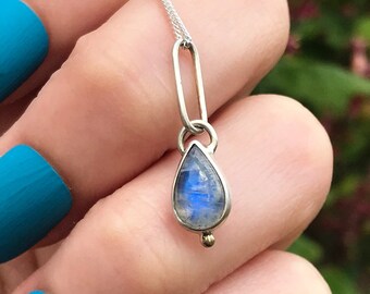 Rainbow Moonstone, Sterling Silver and 18ct Gold Pendant Necklace