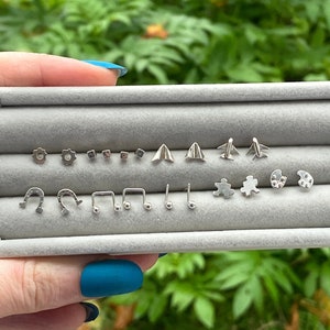 May include: A gray velvet box with a variety of silver earrings. The earrings are arranged in rows and include shapes like horseshoes, musical notes, and puzzle pieces.