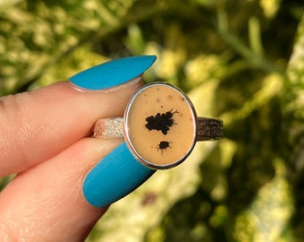 Puede incluir: Un anillo de plata con una piedra ovalada que presenta un patrón dendrítico de ágata negro y marrón.