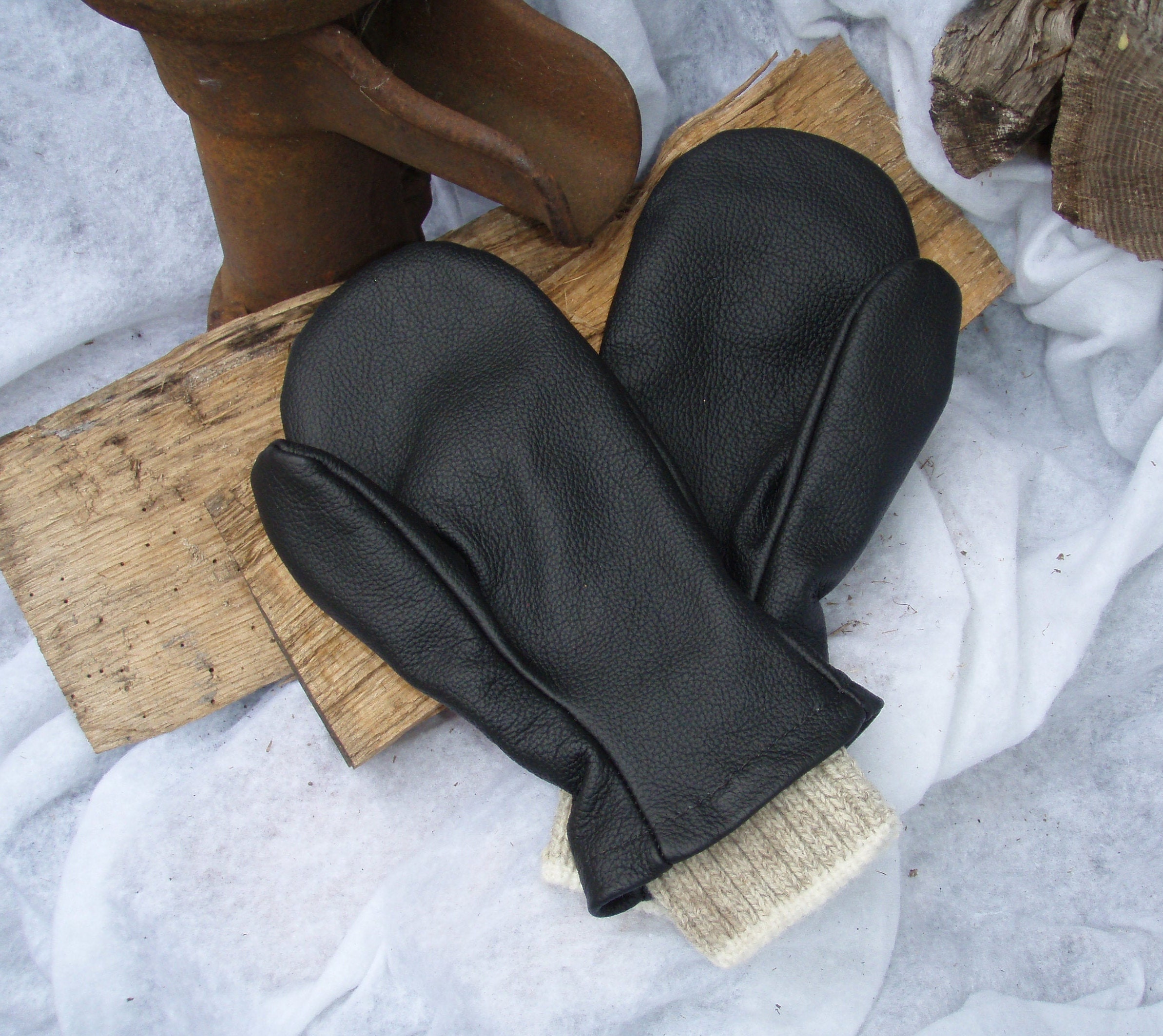 Ladies Medium Designer Black Genuine Cow Leather Chopper Mittens, Laser