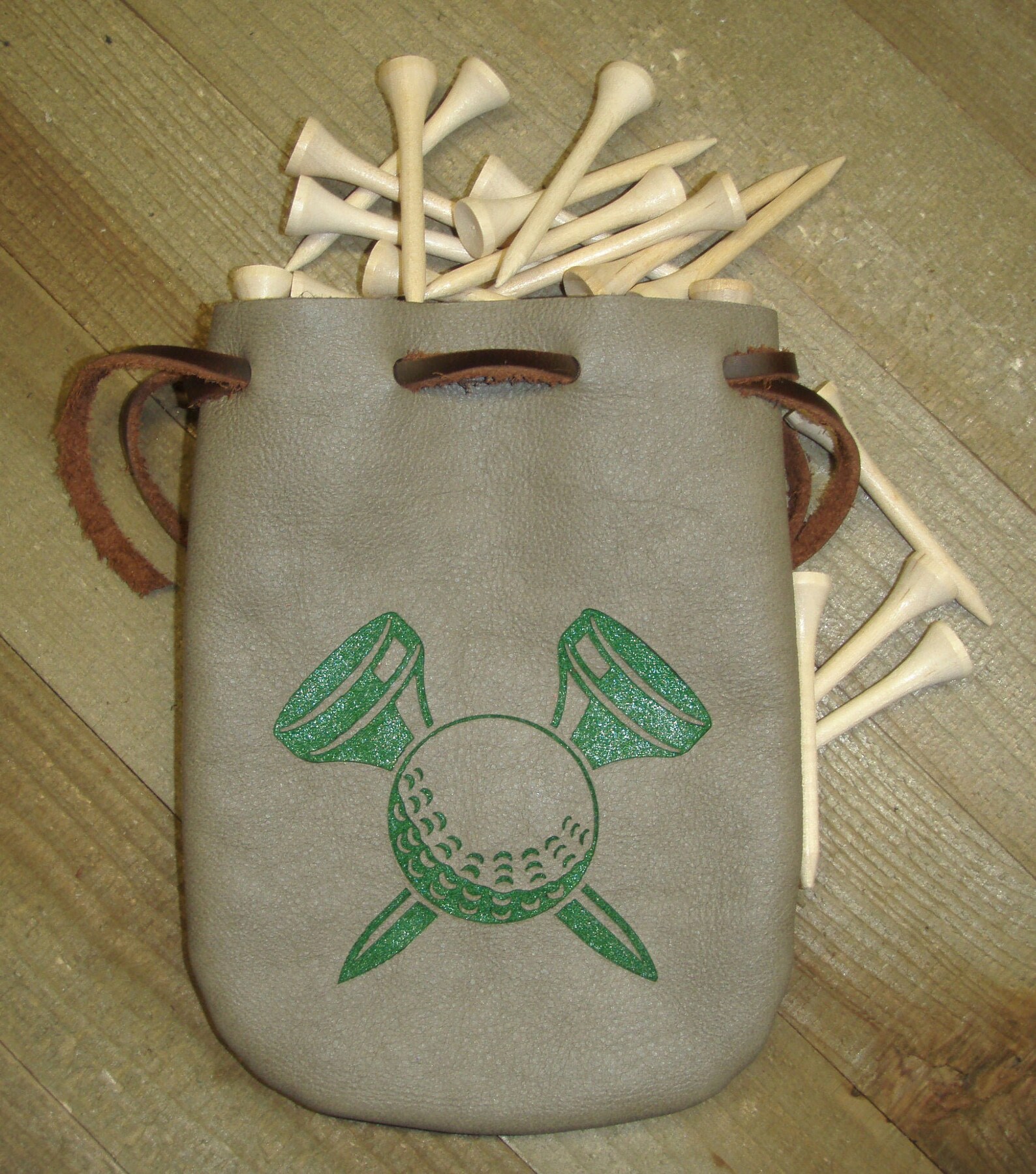 Laser Engraved Leather Drawstring Golf Tee Pouch, 4 X 5.75, Golf Tee