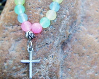 Natural Pastel Jade Prayer Perles Ring with Cross, Finger Prayer Bead Ring, Christian Ring, Cross Ring, Meditation Perads, Prayer Group