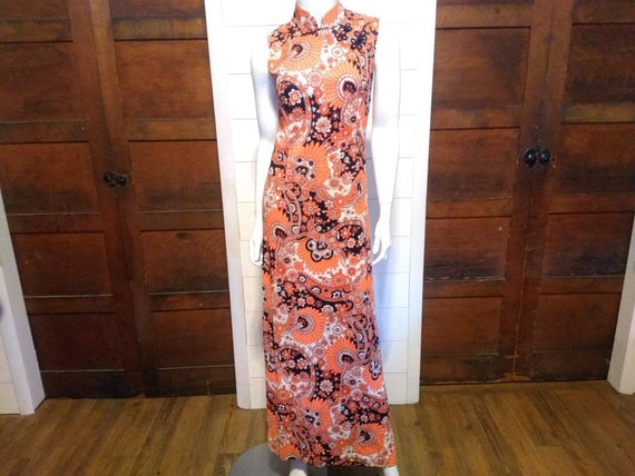 1970s Orange Vintage Asian-Inspired Dress