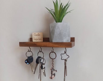 Floating Wooden Shelf with Key Hooks | Wall Key Holder | Entryway Shelf | Housewaming gift