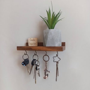 Floating Wooden Shelf with Key Hooks | Wall Key Holder | Entryway Shelf | Housewaming gift