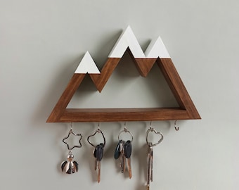 Wall Key Holder Snow-Capped Mountain-Tops | Wooden Wall Key Rack | Mountains Decor | Snowboarding Gift