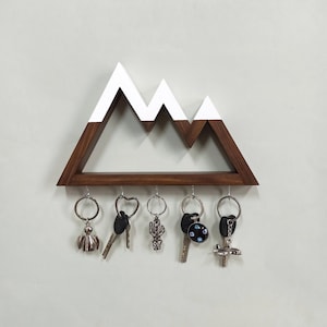 Mountain Wall Key Holder | Wooden Key Rack and Jewelry Hooks | Rustic Wall Decor