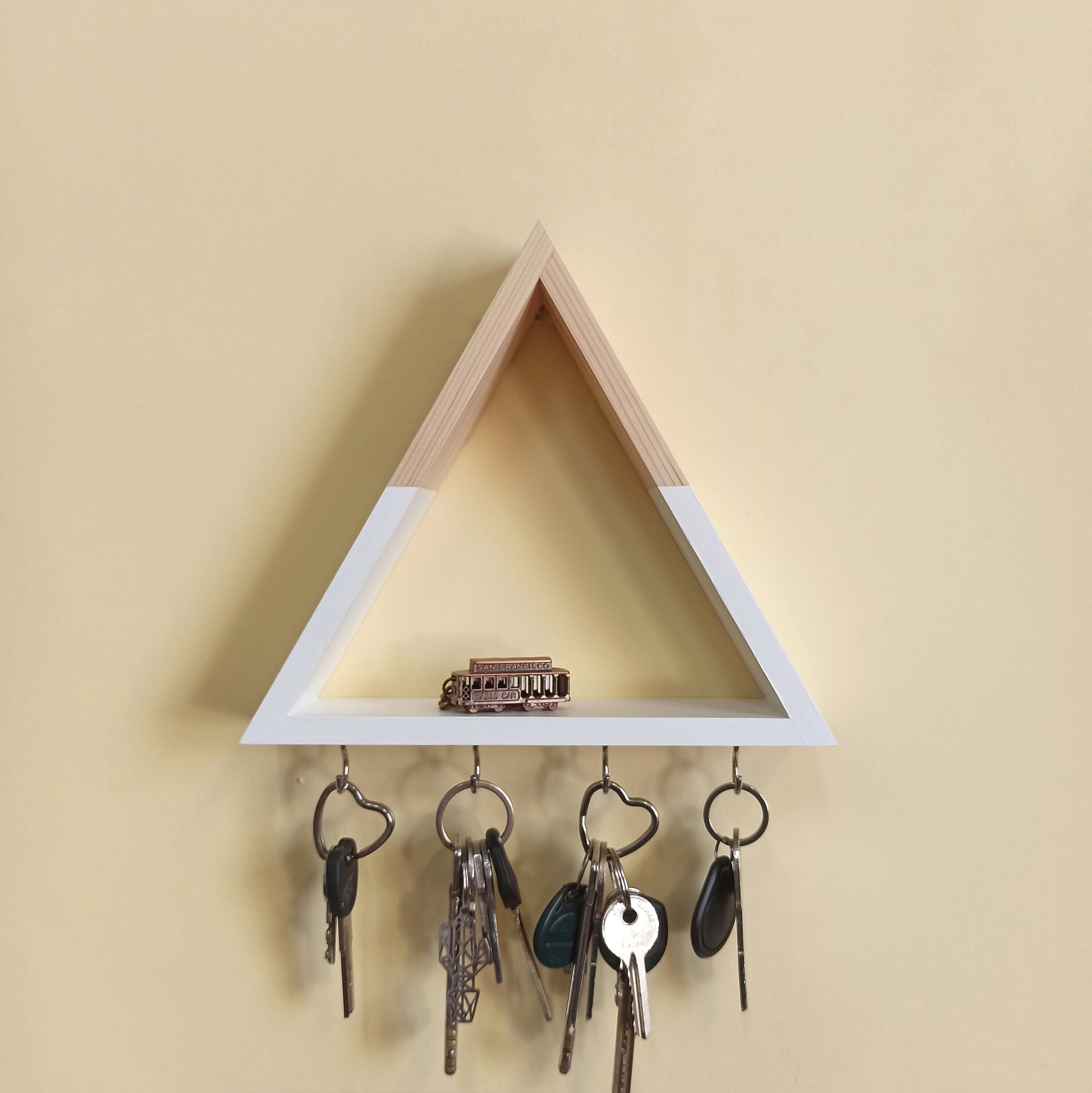 Wooden Triangle Wall Shelf With Hooks | Painted Pine Key Holder - Etsy