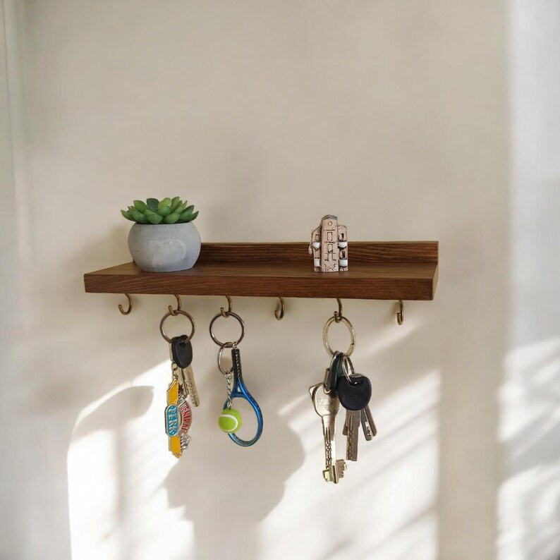 Oiginal wooden entryway shelf with hooksfor keys