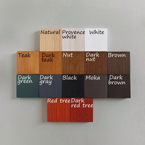 May include: A color chart with 14 wood stain samples, including natural, white, teak, dark teak, nut, dark nut, brown, dark green, dark gray, black, moka, dark brown, red tree, and dark red tree.