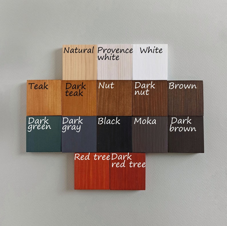 May include: A color chart with 14 wood stain samples, including natural, white, teak, dark teak, nut, dark nut, brown, dark green, dark gray, black, moka, dark brown, red tree, and dark red tree.