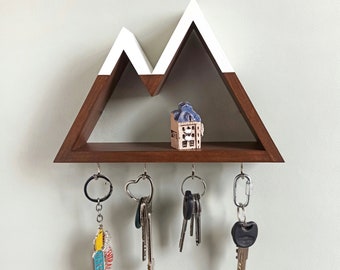 Estante rústico de madera para llaves con forma de montaña – Decoración de pared de madera con ganchos