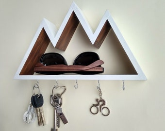 Handmade Wooden Shelf for Keys and Glasses | Mountain Peaks Entryway Decor | Original Housewarming Gift
