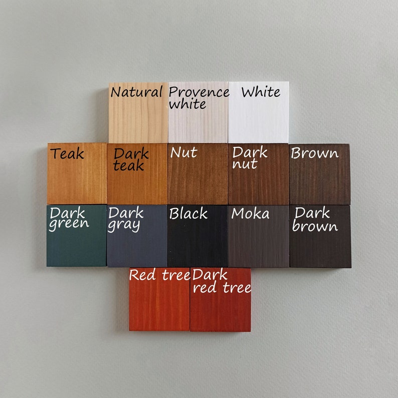 May include: Color chart showing 14 different wood stain colors. The colors are: Natural, Provence White, White, Teak, Dark Teak, Nut, Dark Nut, Brown, Dark Green, Dark Gray, Black, Moka, Dark Brown, Red Tree, Dark Red Tree.