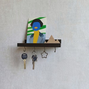 Modern Wall Key Holder | Small Entryway Shelf with Hooks