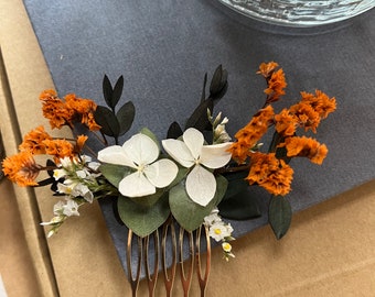 Burnt Orange Dried Flower Hair Comb, Wedding Hair Slide