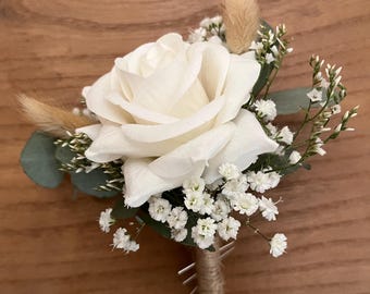 White Rose Buttonhole for Groom/ Groomsmen Wedding Flowers