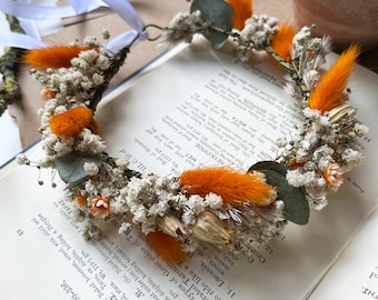 Orange Bunnytail Flower Crown, Eucalyptus & Gypsophila Hair Wreath