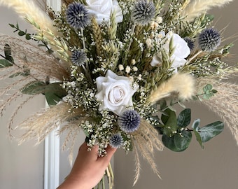 Dried Flower Pampas Grass Rose Wedding Bouquet Boho Rustic Bridal & Bridesmaid Flowers