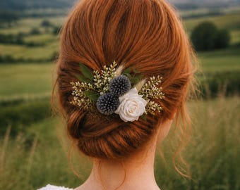 Thistle Rose Hair Comb for the Bride Bridesmaids  Dried Flower Hair Pieces for Wedding Birthday Babyshower Flowers