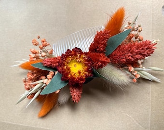 Orange Baby’ s Breath Eucalyptus Flower Comb / Burnt Orange Bride Bridesmaid Flowergirl Gift / Orange Wedding Flowers