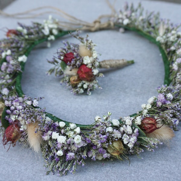 Wild Flower Crown Boho Vintage Bride Wedding Bridal Hair Accessory Groom Buttonhole Dried Preserved Wild Flowers Red White Lilac