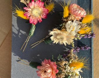 3/5 Pcs Preserved/Dried Flower Hair Pin // Bridal Hair Pieces Bridesmaid Flowergirl Gift // Wedding // Pink Lilac Yellow Meadow Flowers