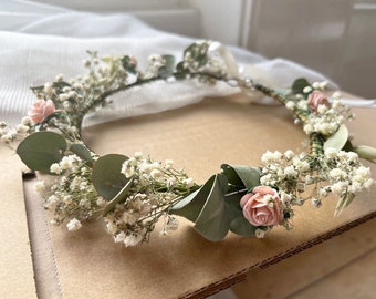 Dried Flower Crown // Dried Gypsophila Eucalyptus Rose // Bride Bridesmaid Flower Girl Halo // Baby Girl Adult Sizes // Wild Flowers