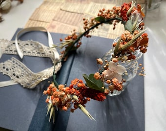 Orange Dried Flower Crown // Dried Gypsophila Eucalyptus // Bride Bridesmaid Flower Girl Halo // Baby Girl Adult Sizes // Wild Flowers