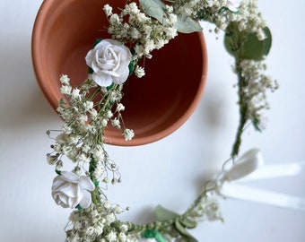 Dried Flower Crown with Gypsophila Rose and Eucalyptus – Boho style Bride Bridesmaid