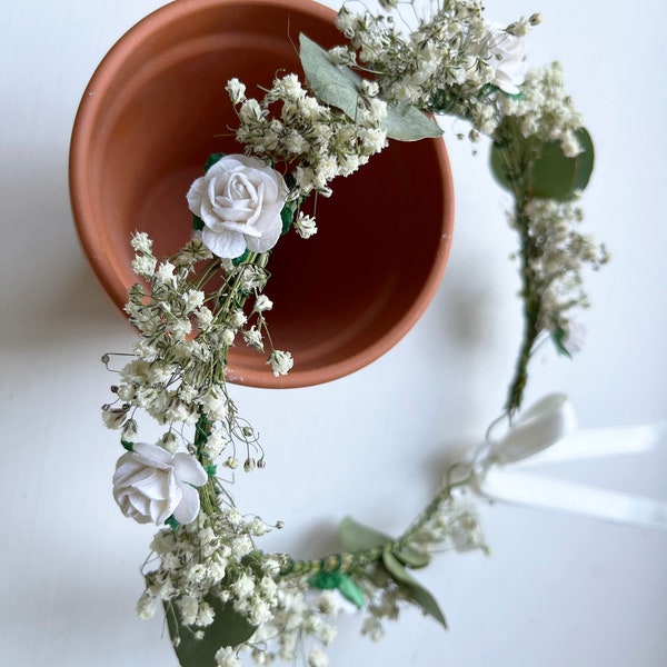 Dried Flower Crown // Dried Gypsophila Eucalyptus Rose // Bride Bridesmaid Flower Girl Halo // Baby Girl Adult Sizes // Baptism Wedding