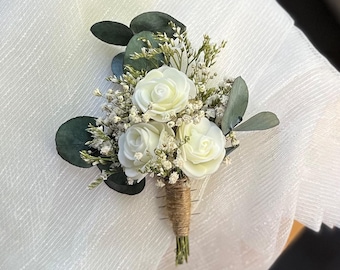 White Rose Groom Buttonhole, Romantic White Wedding Flowers, Groomsmen Gift
