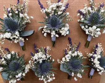 Thistle Gypsophila Groom Buttonhole // Grooms Wedding Flower // Groomsmen Gift // Eucalyptus // Scottish Wedding Flowers// Boutonnières //