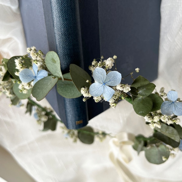 Soft Blue Dried Flower Crown // Dried Gypsophila Eucalyptus Rose // Bride Bridesmaid Flower Girl Halo // Baby Girl Adult Sizes