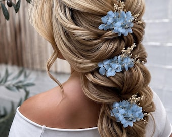 Blue Dried Flower Hair Pin, Boho Chic Wedding Accessory