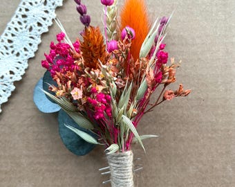 Dried Flower Buttonhole // Groom Groomsmen Flowers//  Bridesmaid Flowergirl Gift // Wedding Flowers // Burnt Orange Dark Pink Flowers